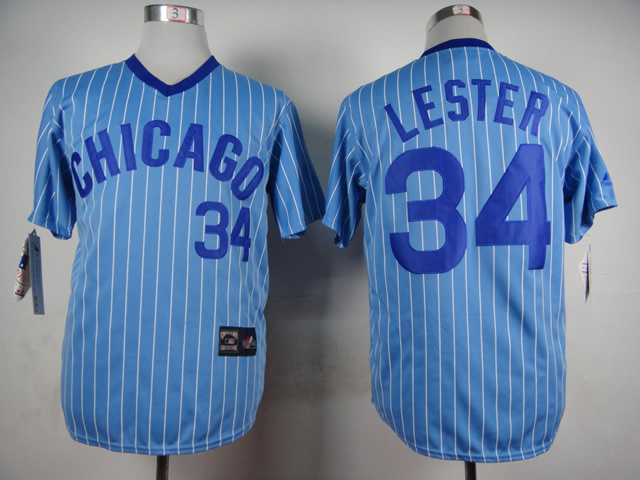 Men Chicago Cubs 34 Lester Blue Stripe Throwback MLB Jerseys